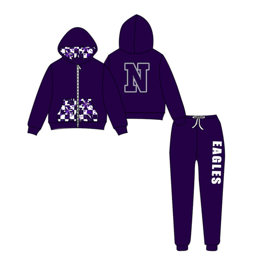 (Custom Design Preorder MOQ 5) Team's EAGLES Zipper Hoodie Top Navy Pants Kids Fall Clothes Set