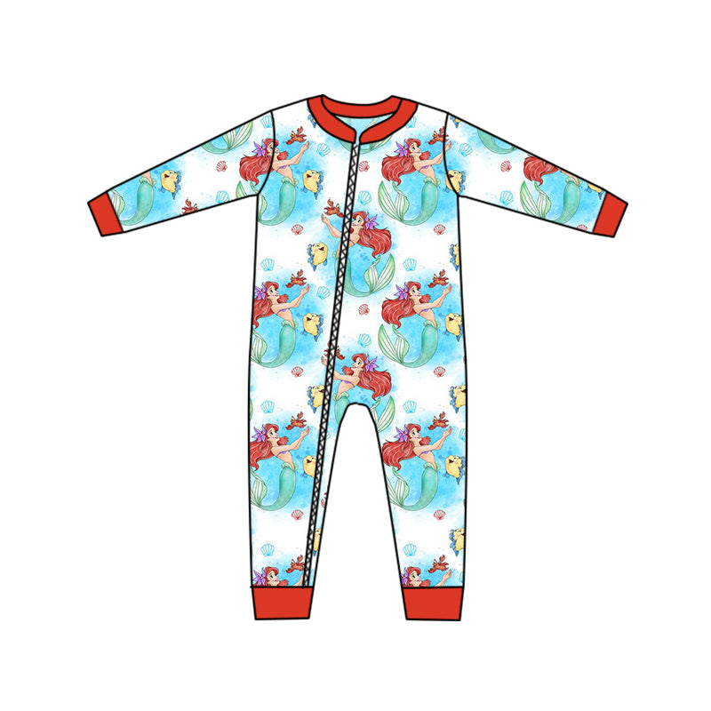 (Custom Design MOQ 5) Cartoon mermaid princess baby girls zipper romper