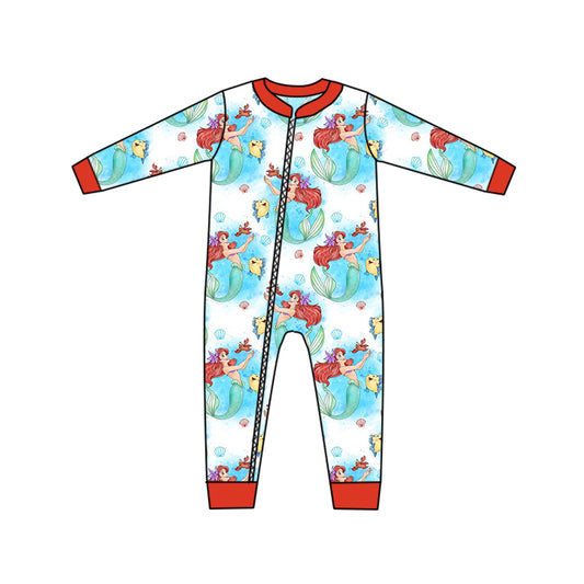 (Custom Design MOQ 5) Cartoon mermaid princess baby girls zipper romper
