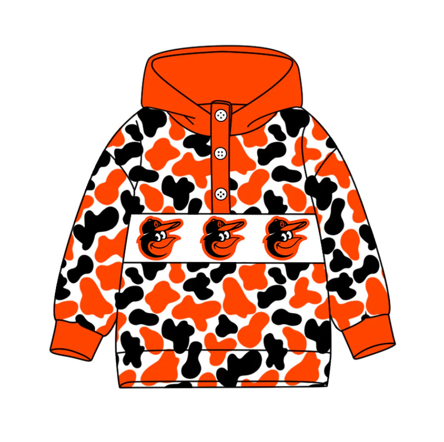 (Custom Design Preorder MOQ 5) Team's Baltimore Orioles Camo Print Kids Long Sleeve Buttons Hoodie Top