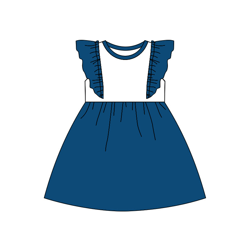 (Custom Design Preorder MOQ 5) Navy Color Girls Knee Length 4th of July DIY Dress