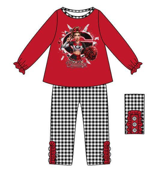 (Custom Design Preorder MOQ 5) Team's Bulldogs Cheer Top Plaid Pants Girls Fall Clothes Set