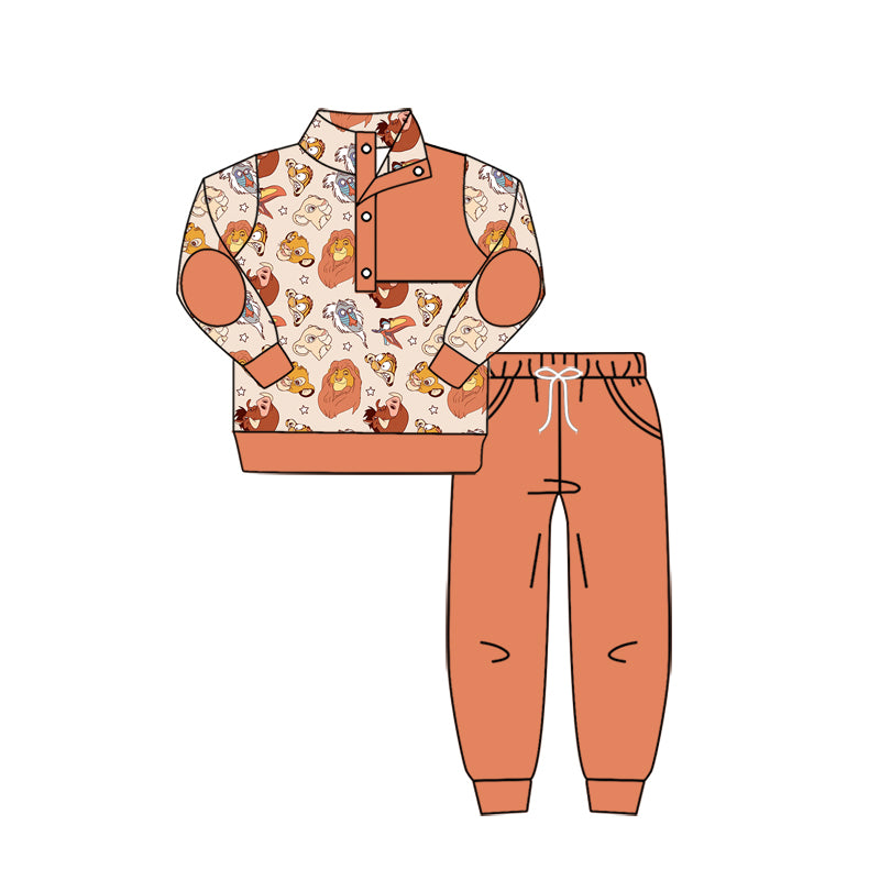 11.16(Custom Design Preorder MOQ 5) Cartoon Lion Animals Pullover Top Orange Pants Boys Fall Clothes Set