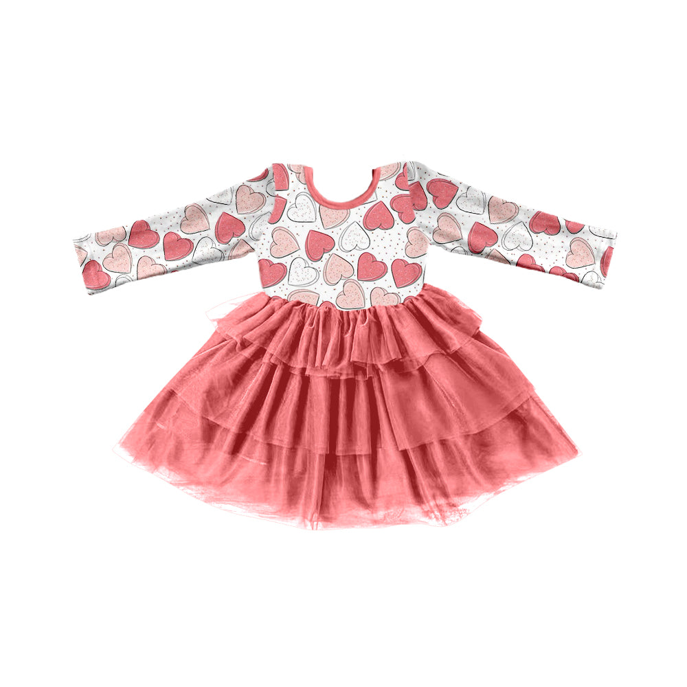 (Custom Design Preorder MOQ 5) Pink Heart Print Girls Valentine's Knee Length Tulle Dress