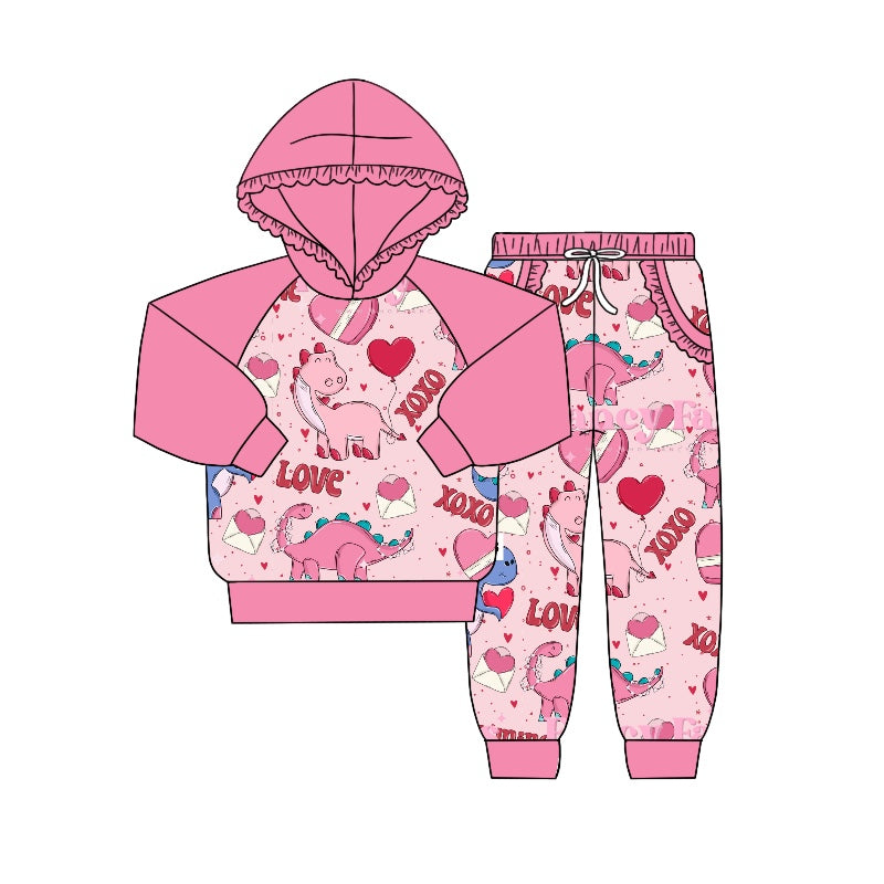 (Custom Design Preorder MOQ 5) LOVE Dino Heart Girls Valentine's Hoodie Clothes Set
