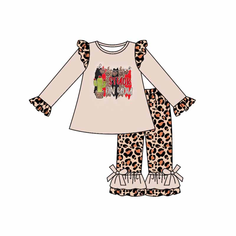 (Custom Design Preorder MOQ 5) Stuck On You Leopard Print Girls Valentine's Day Clothes Set