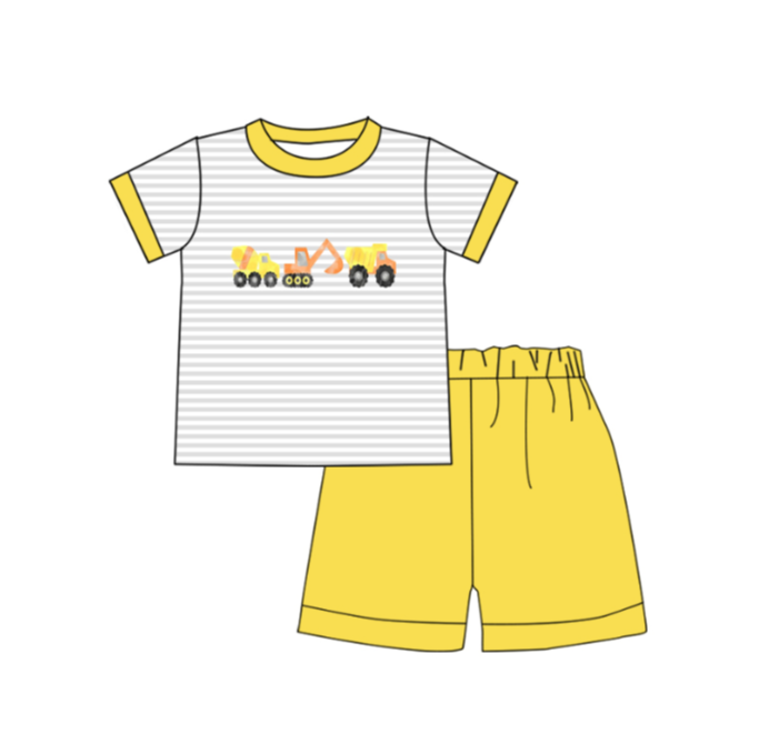 (Custom Design Preorder MOQ 5) Construction Trucks Top Yellow Shorts Boys Summer Clothes Set