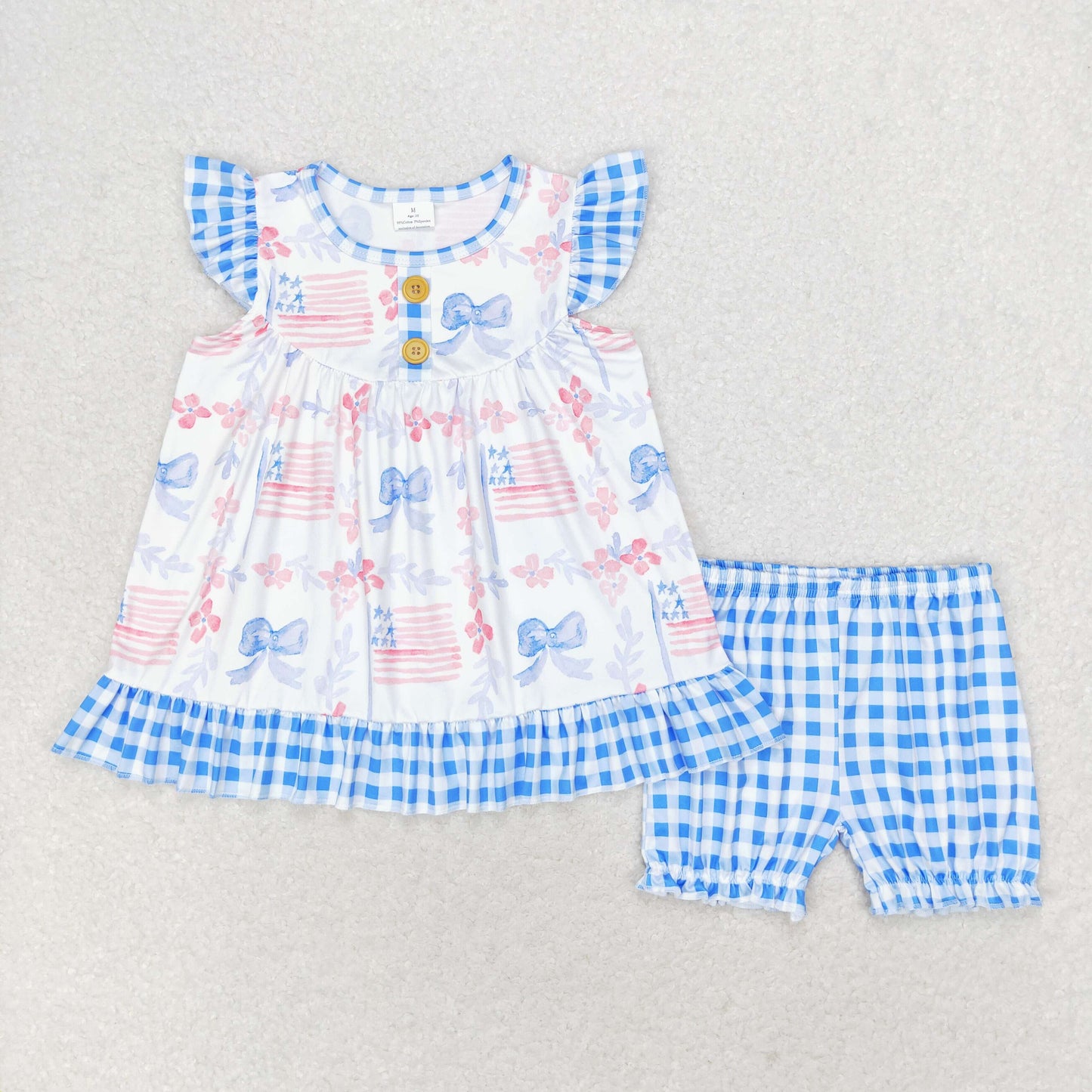Blue Bows Flags Plaid Print Sibling Summer Matching Clothes