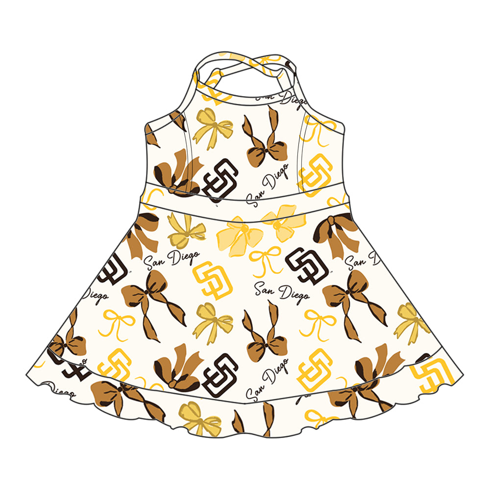 (Custom Design Preorder MOQ 5 Each Color) Team's SAN DIEGO Bows Print Girls Summer Clothes Sisters Matching Wear