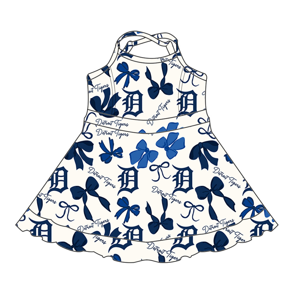 (Custom Design Preorder MOQ 5 Each Color) Team's DETROIT TIGERS Bows Print Girls Summer Clothes Sisters Matching Wear