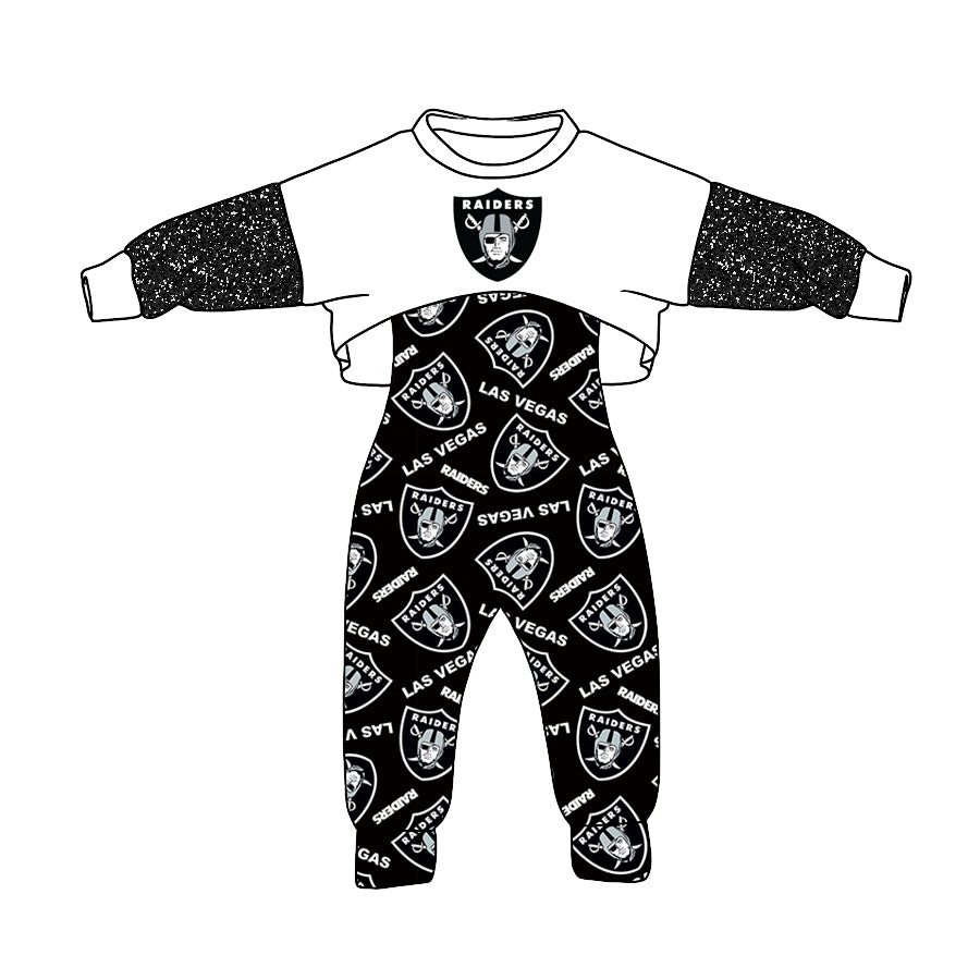 (Custom Design MOQ 5) NO.18 Black Football Team's Print Girls Jumpsuits Clothes Set