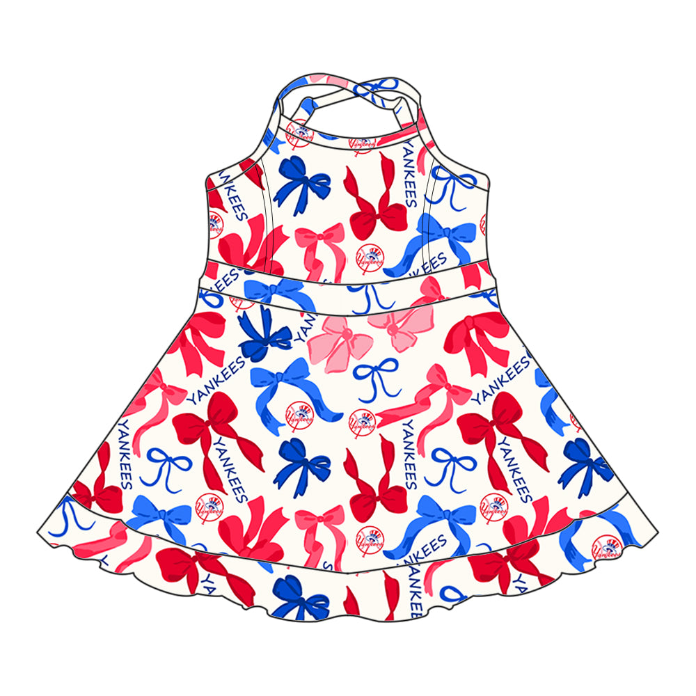 (Custom Design Preorder MOQ 5 Each Color) Team's YANKEES Bows Print Girls Summer Clothes Sisters Matching Wear