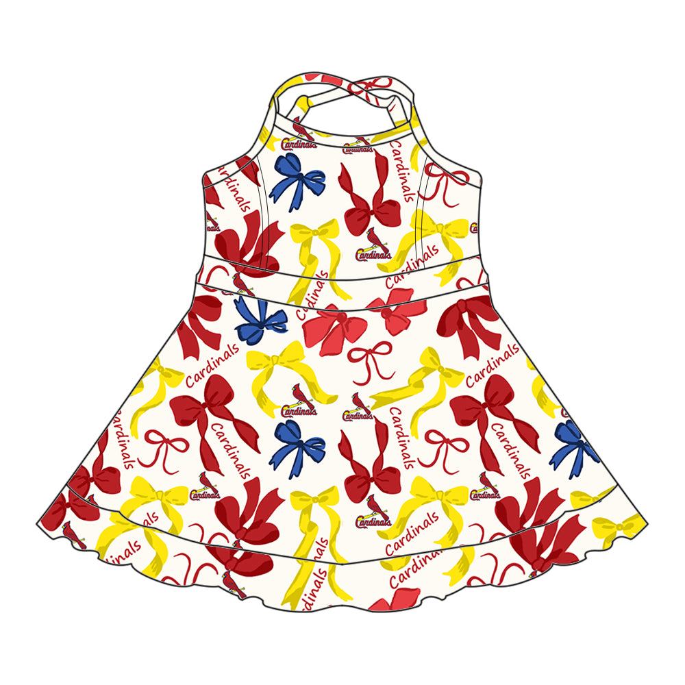 (Custom Design Preorder MOQ 5 Each Color) Team's CARDINALS Bows Print Girls Summer Clothes Sisters Matching Wear