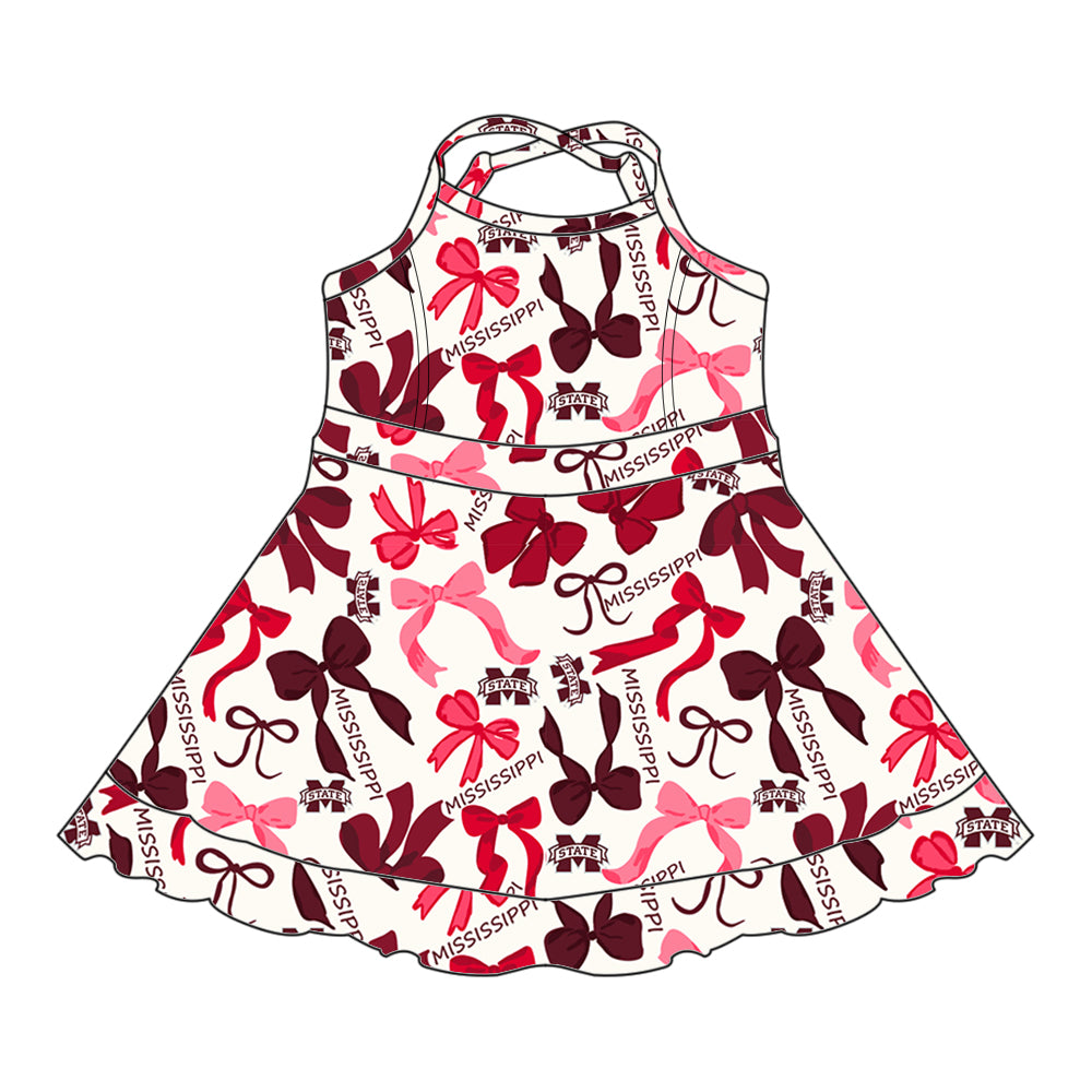 (Custom Design Preorder MOQ 5 Each Color) Team's MISSISSIPPI STATE Bows Print Girls Summer Clothes Sisters Matching Wear