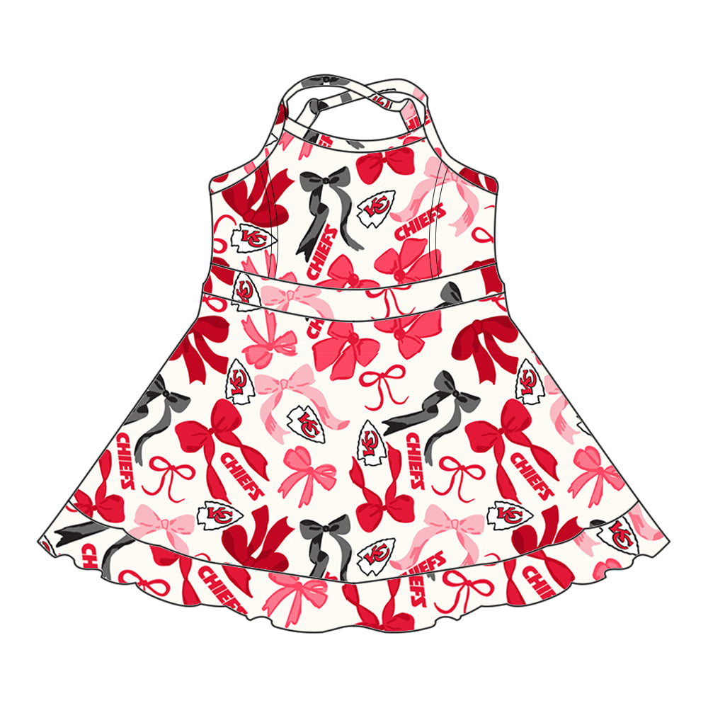 (Custom Design Preorder MOQ 5 Each Color) Team's KC CHIEFS Bows Print Girls Summer Clothes Sisters Matching Wear