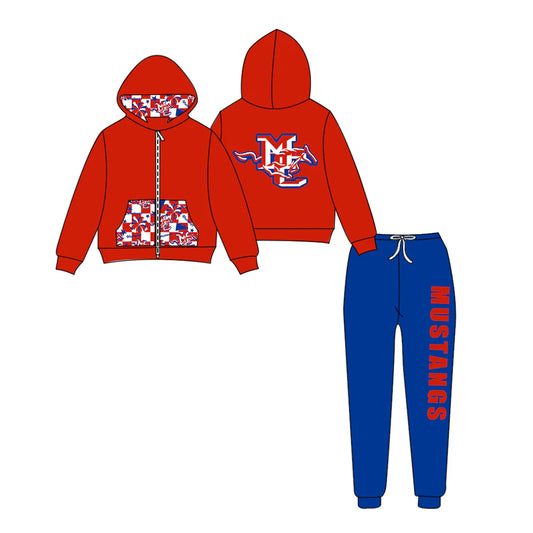 (Custom Design Preorder MOQ 5) Team's MUSTANGS LIONS Zipper Hoodie Top Blue Pants Kids Fall Clothes Set