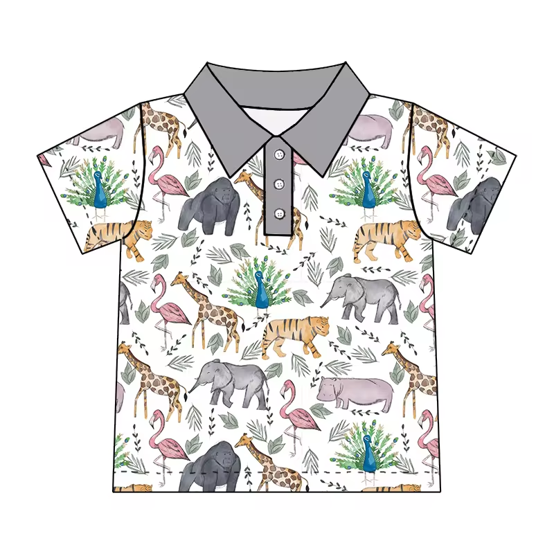 (Custom Design Preorder MOQ 5) Animals Print Boys Summer Polo Tee Shirts Top