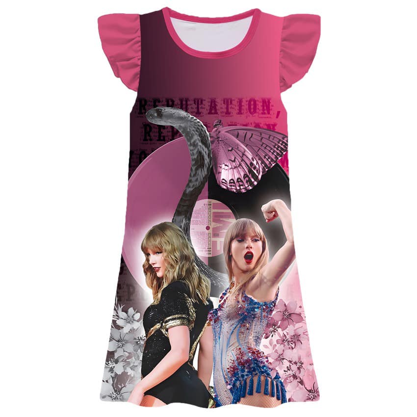11.22(Custom Design Preorder MOQ 5) Singer Swiftie Pink Print Girls Flutter Sleeve Knee Length Dress