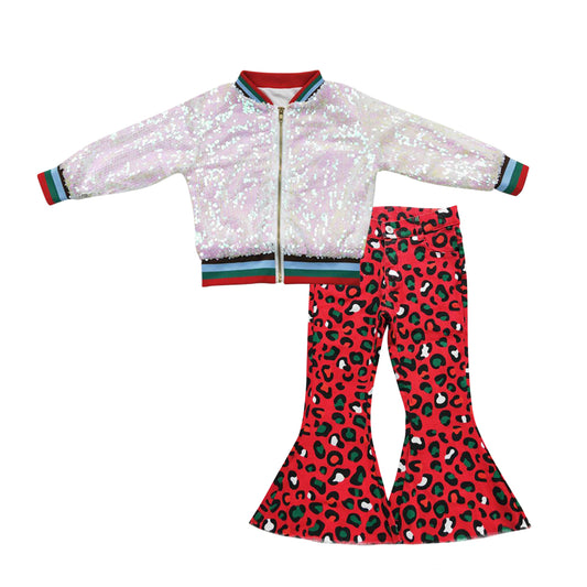 BT0294+P0229 White Pink Sparkle Sequin Jackets Top Red Leopard Denim Bell Jeans Girls Fall Clothes Set