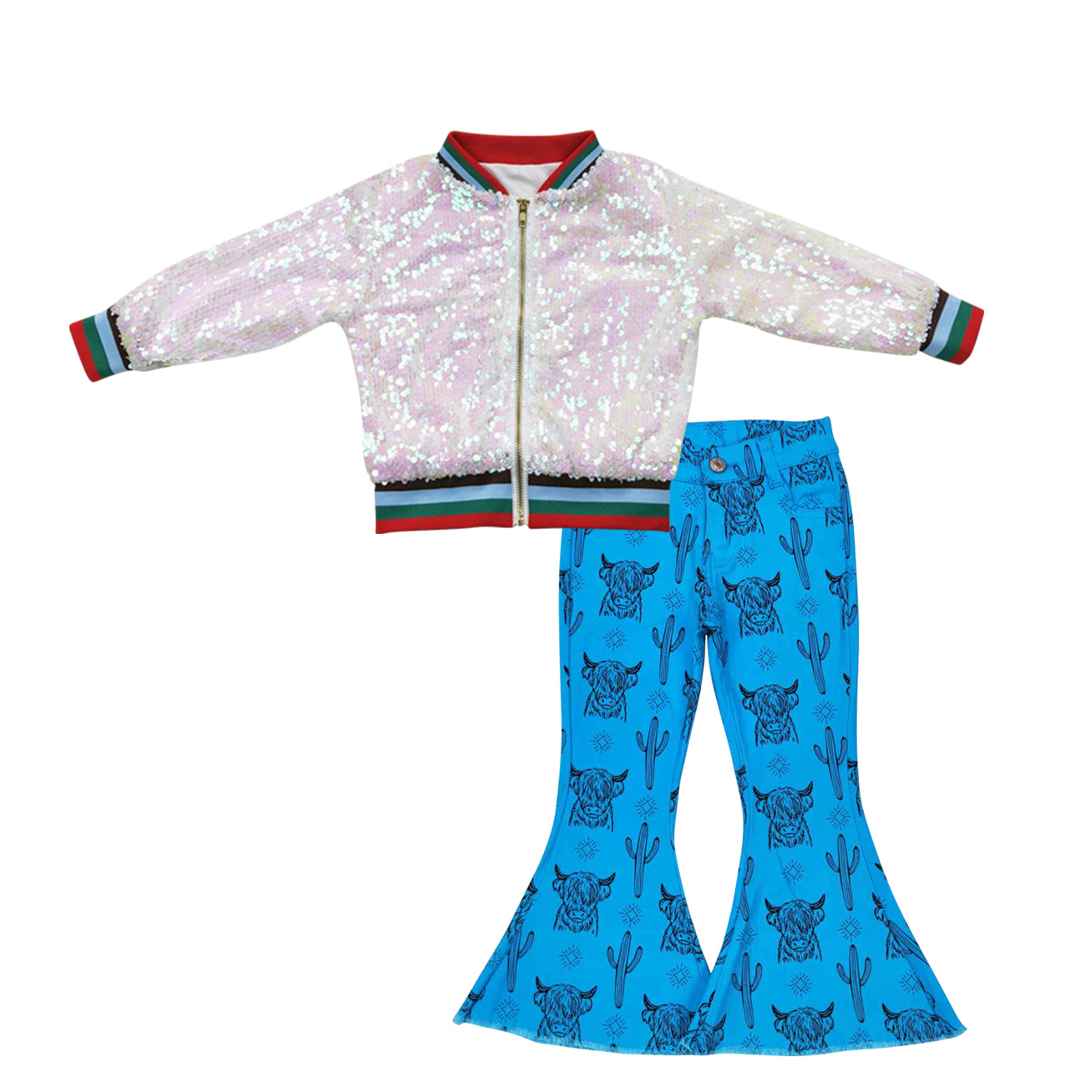 BT0294+P0281 White Pink Sparkle Sequin Jackets Top Blue Highland Cow Denim Bell Jeans Girls Fall Clothes Set