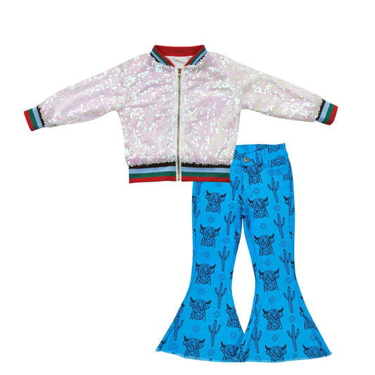 BT0294+P0281 White Pink Sparkle Sequin Jackets Top Blue Highland Cow Denim Bell Jeans Girls Fall Clothes Set