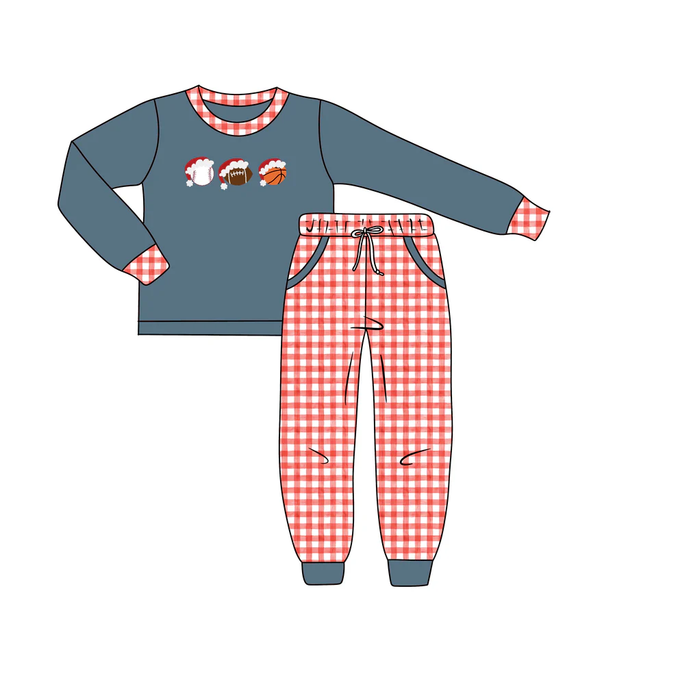 (Custom Design Preorder MOQ 5) Baseball Top Plaid Pants Boys Christmas Clothes Set
