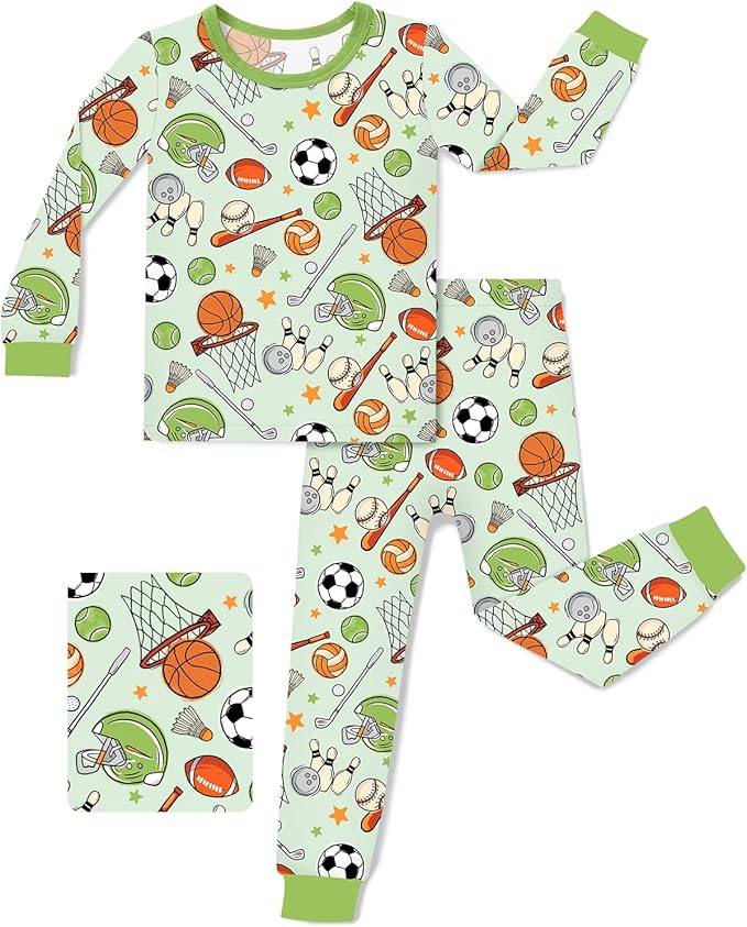 (Custom Design Preorder MOQ 5) Balls Green Print Boys Fall Pajamas Clothes Set