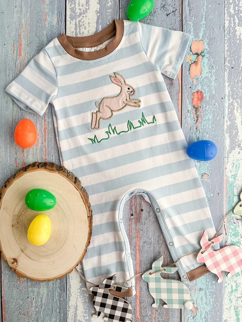 (Custom Design Preorder MOQ 5)Bunny Stripes Print Baby Boys Easter Romper