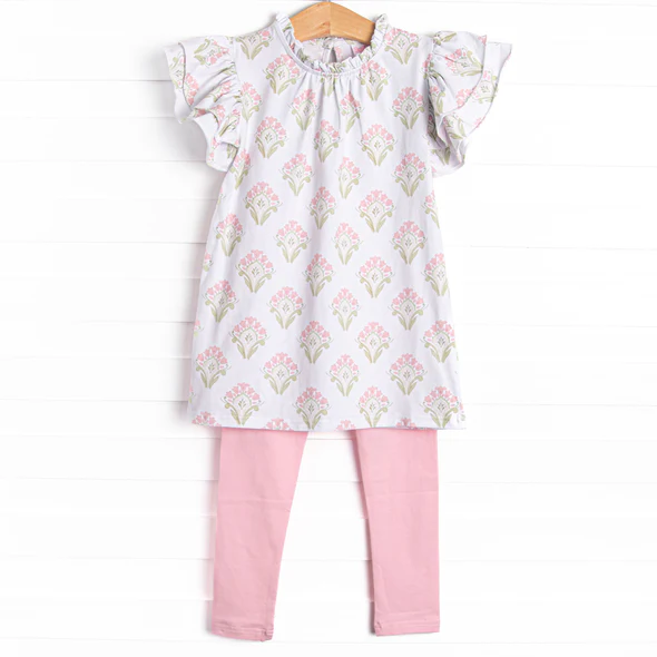 (Custom Design Preorder MOQ 5) Flowers White Tunic Top Pink Pants Girls Clothes Set