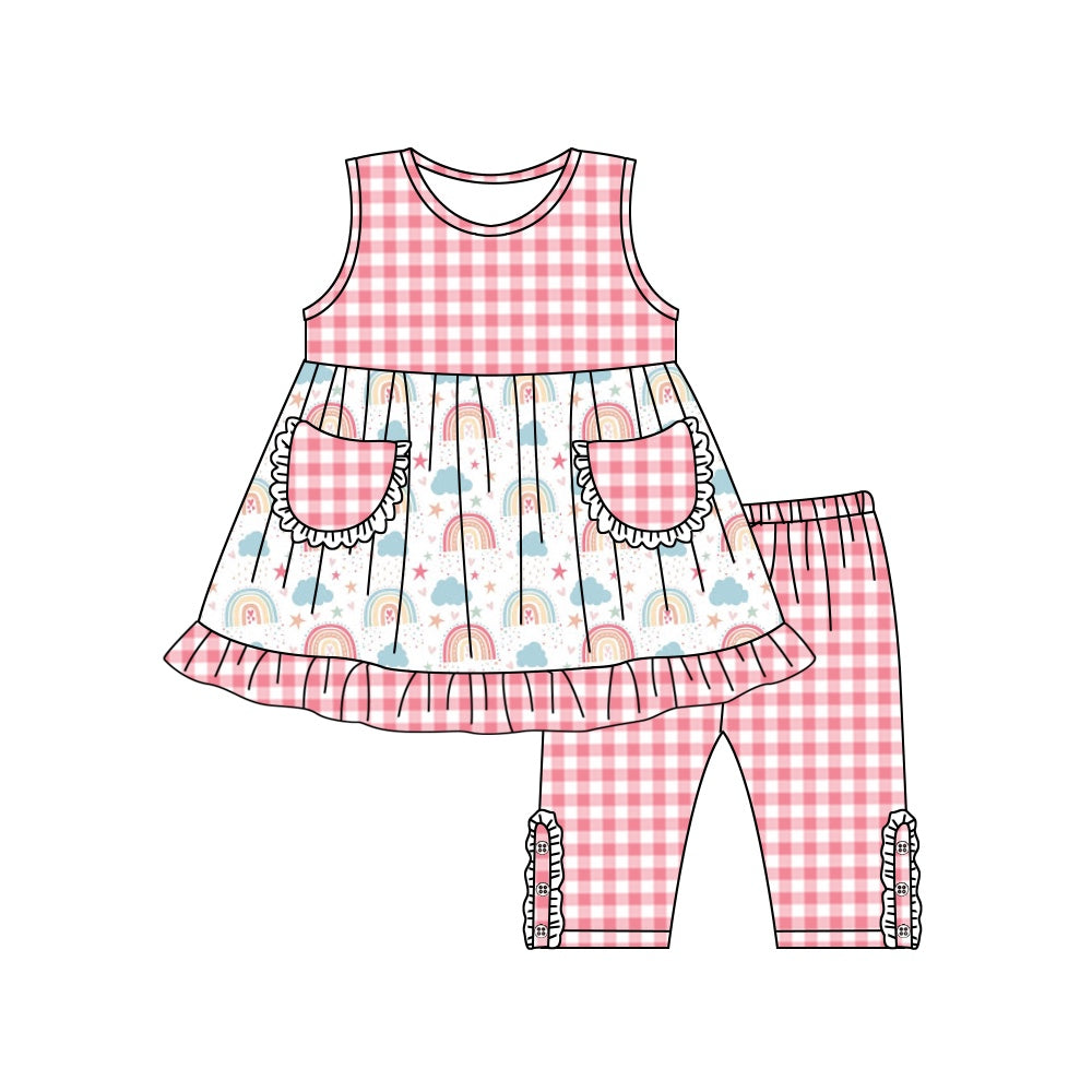 (Custom Design Preorder MOQ 5) Rainbow Stars Print Pockets Top Capri Girls Summer Clothes Set