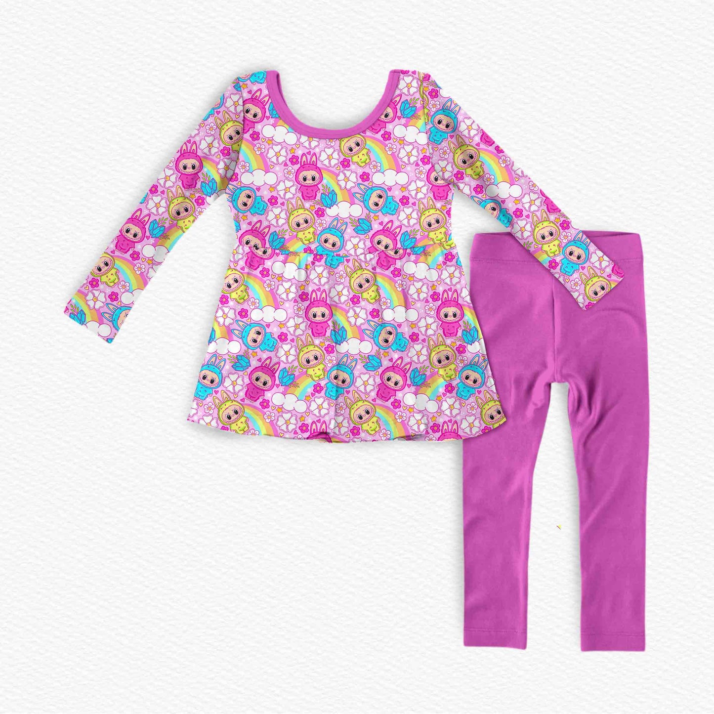 (Custom Design Preorder MOQ 5) Cartoon Labub* Rainbow Tunic Top Legging Pants Girls Clothes Set