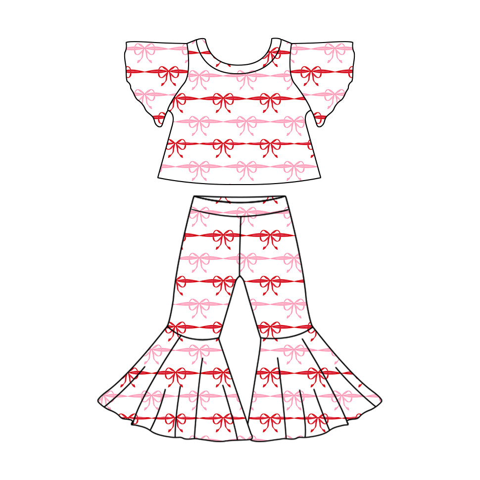11.9(Custom Design Preorder MOQ 5) Bows Print Bell Pants Girls Clothes Set