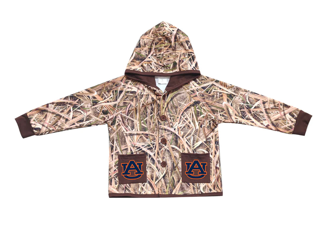(Custom Design Preorder MOQ 5 Each Item) Team's Auburn Grasses Camo Print Pockets Buttons Kids Fall Hoodie Jackets Top Mom and Me Matching Clothes
