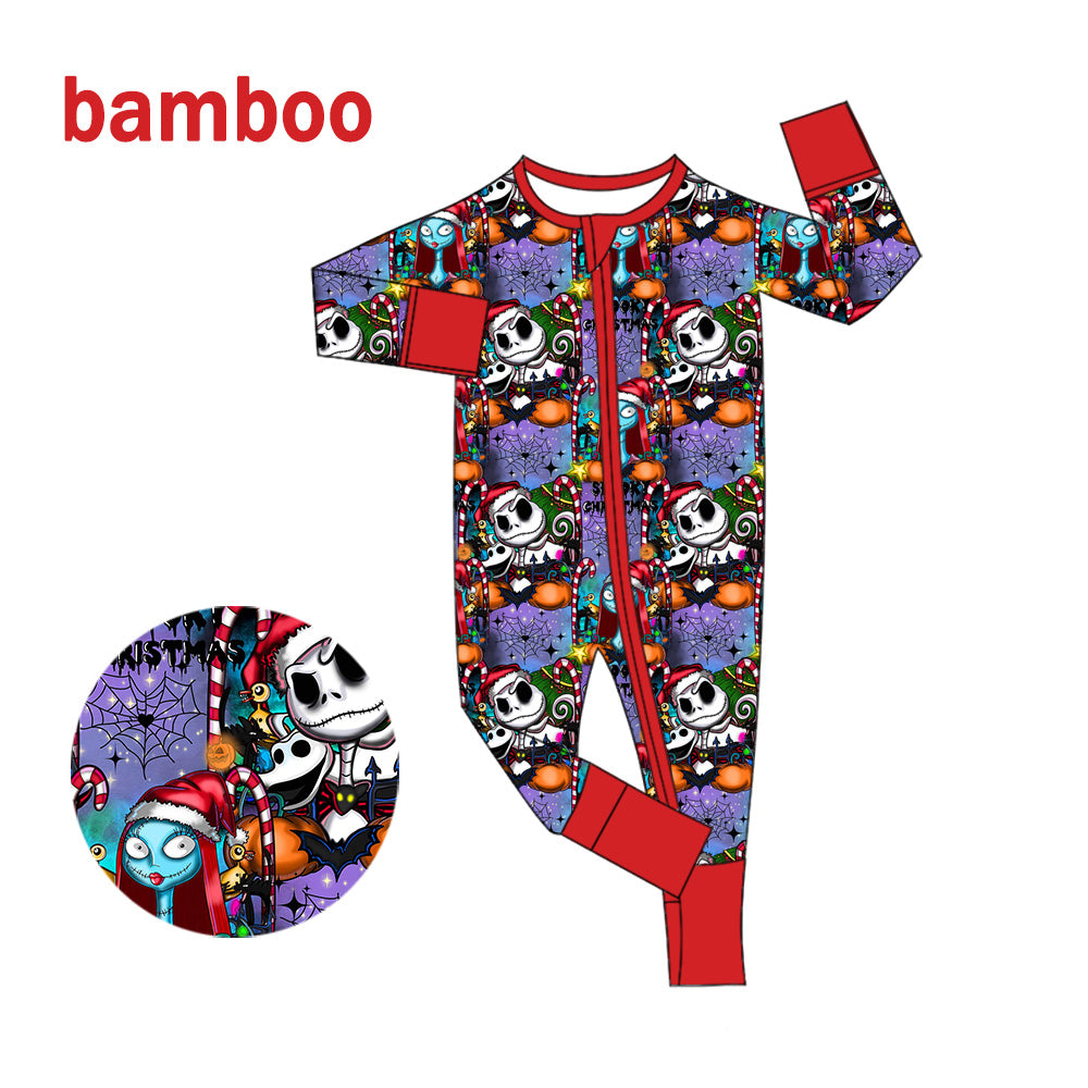 (Custom Design Preorder MOQ 20) Cartoon Character Face Print Baby Halloween Long Sleeve Bamboo Sleeper Zipper Romper