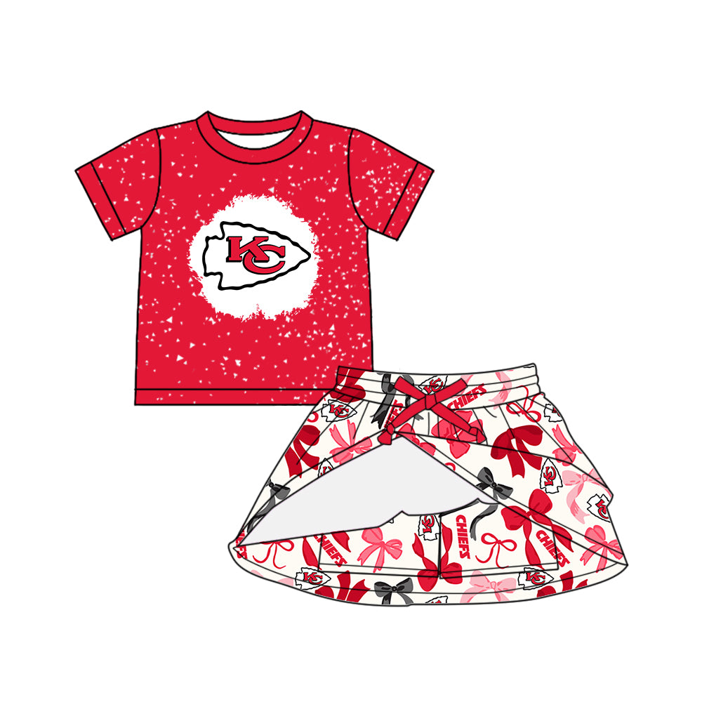 (Custom Design Preorder MOQ 5 Each Color) Team's KC CHIEFS Bows Print Girls Summer Clothes Sisters Matching Wear