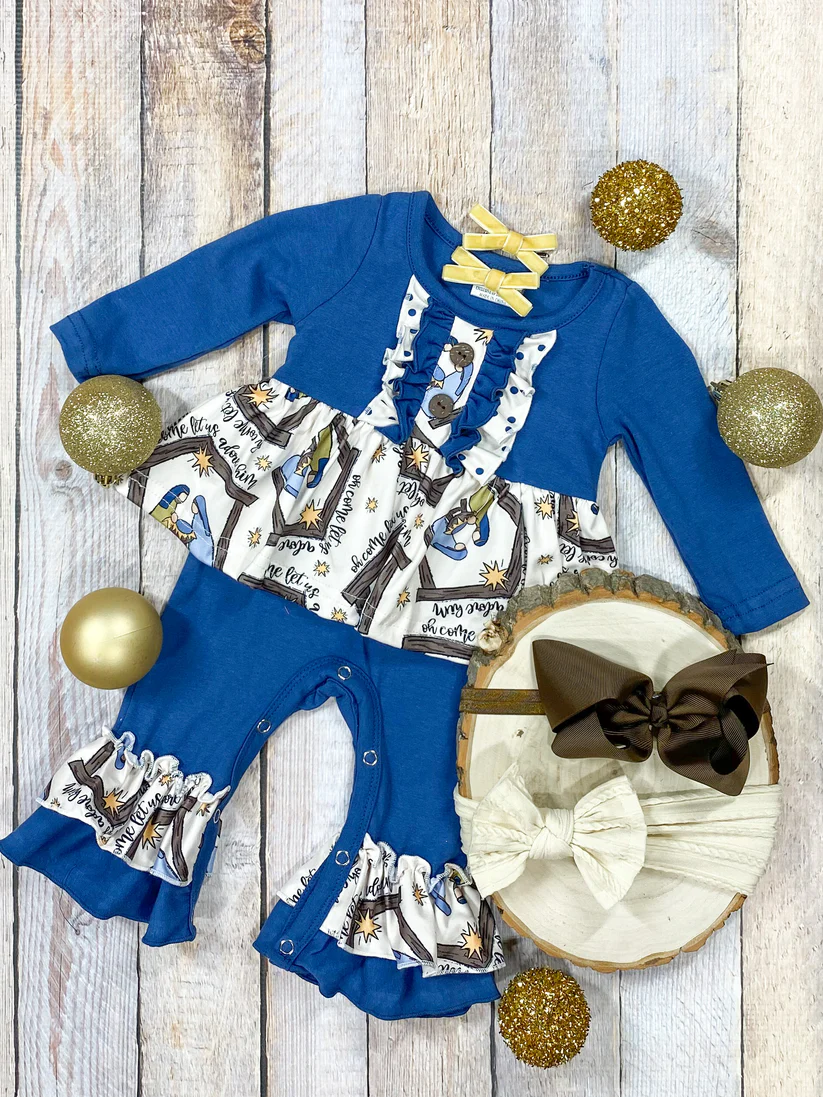 (Custom Design Preorder MOQ 5) Nativity Print Baby Girls Christmas Romper