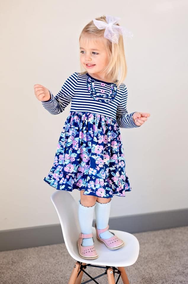 (Custom Design Preorder MOQ 5) Flowers Print Girls Knee Length Fall Dress