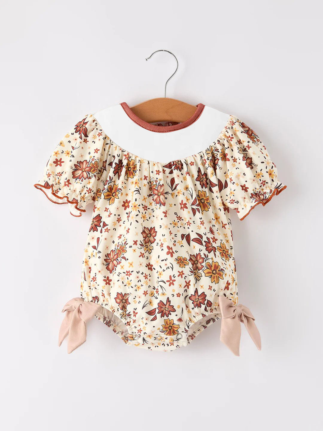 (Custom Design Preorder MOQ 5)  Brown Flowers Print Baby Girls Fall Bubble Romper