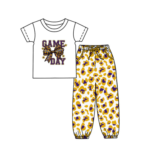 (Custom Design Preorder MOQ 5) Game Day Bow Top Orange Leopard Joggers Pants Girls Clothes Set