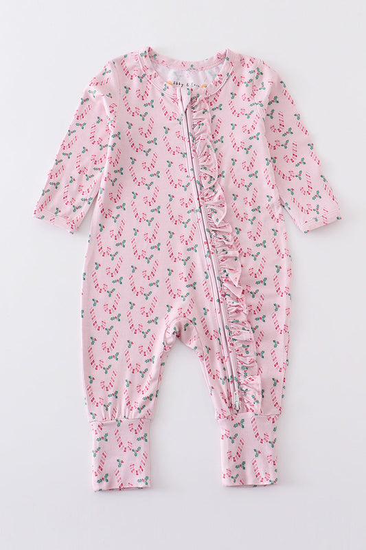 (Custom Design Preorder MOQ 20)  Pink Candy Cane Print Baby Girls Bamboo Christmas Sleeper Zipper Romper