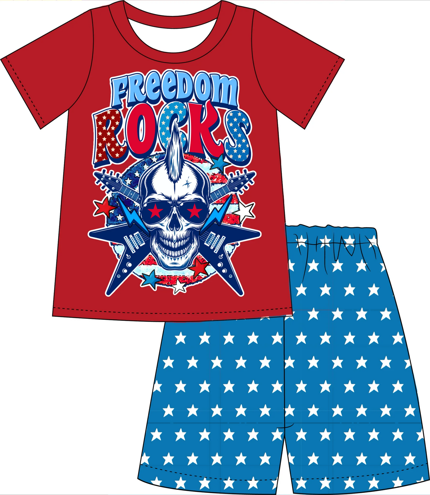(Custom Design Preorder MOQ 5) Rocks Stars Print Boys 4th of July Clothes Set