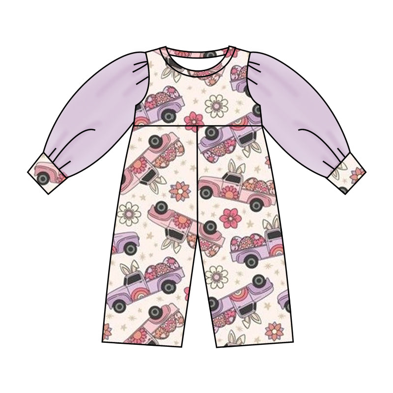 (Custom Design Preorder MOQ 5) NO.13 Rabbit Truck Flowers Print Tulle Sleeve Girls Easter Jumpsuit