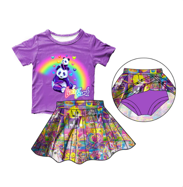 (Custom Design Preorder MOQ 5) Cartoon Animals Lisa Print Top Skirts With Shorts Girls Summer Clothes Set