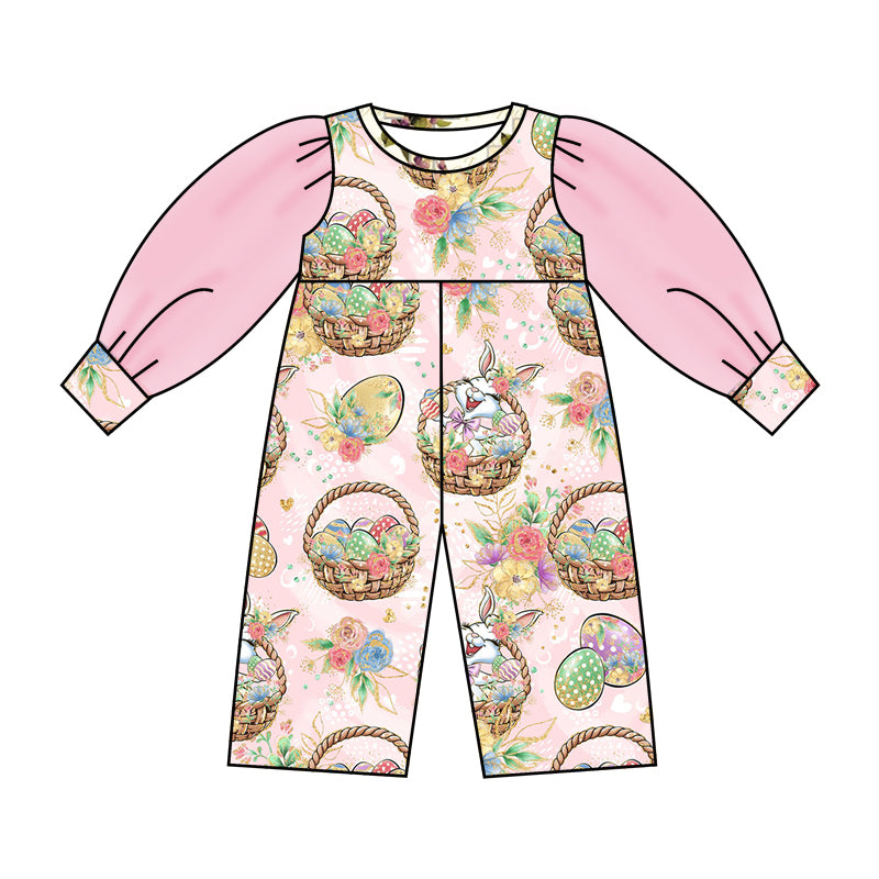 (Custom Design Preorder MOQ 5) NO.19 Bunny Flowers Egg Print Tulle Sleeve Girls Easter Jumpsuit