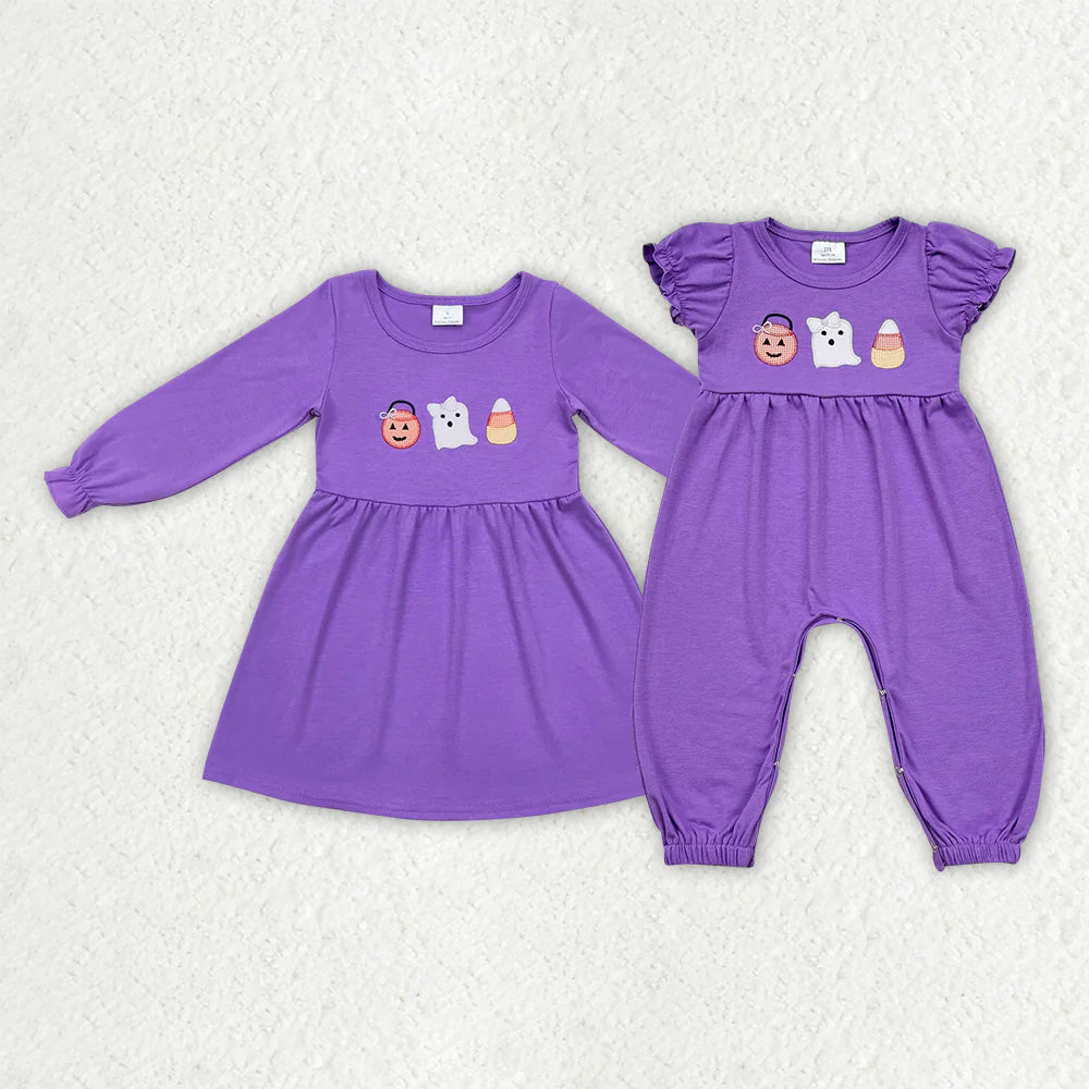 Ghost Candy Pumpkin Embroidery Purple Color Sisters Halloween Matching Clothes