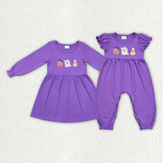 Ghost Candy Pumpkin Embroidery Purple Color Sisters Halloween Matching Clothes