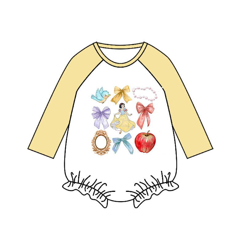 (Custom Design Preorder MOQ 5) Cartoon Princess Apple Yellow Print Baby Girls Romper