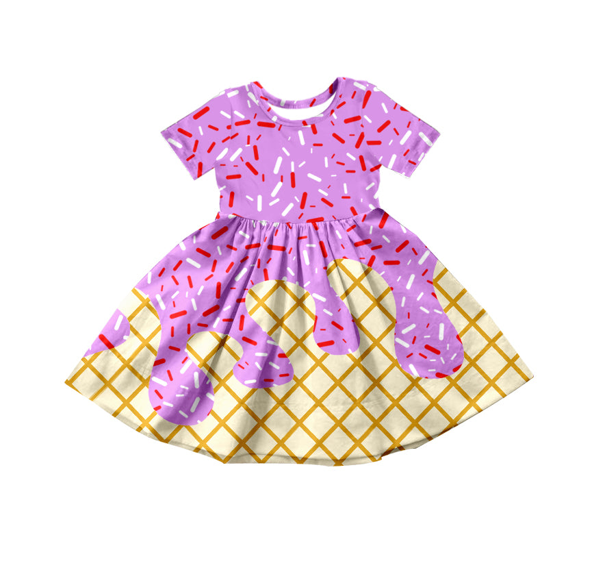 (Custom Design Preorder MOQ 5) Sprinkles Purple Print Girls Summer Knee Length Dress