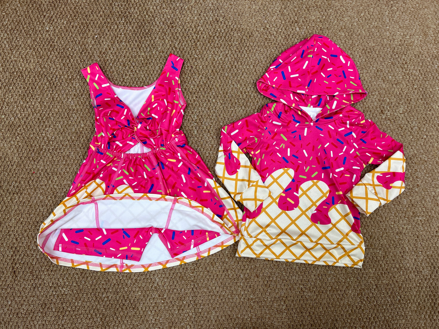 Sprinkles Hot Pink Print Girls Yoga Dress & Boys Hoodie Top Sibling Matching Clothes