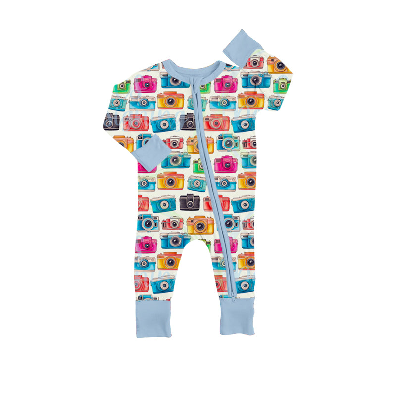 (Custom Design Preorder MOQ 5) Camera Print Baby Zipper Sleeper Romper